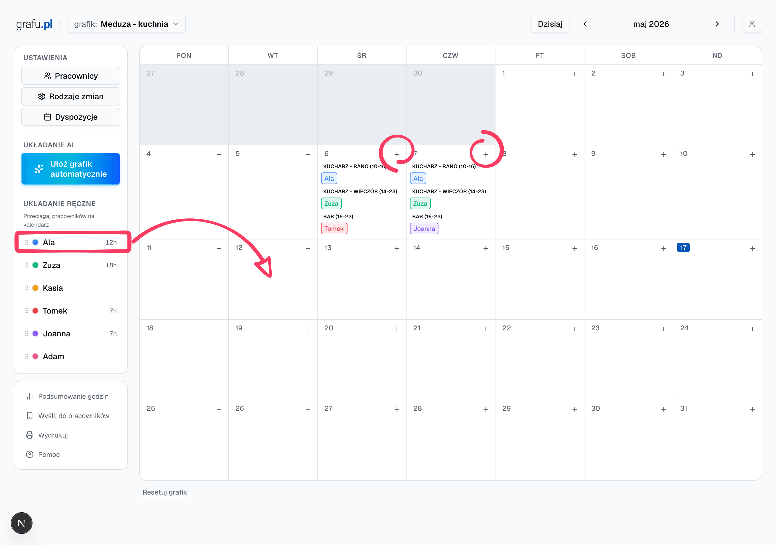 Manuelles Planen eines Restaurant-Dienstplans im Kalender